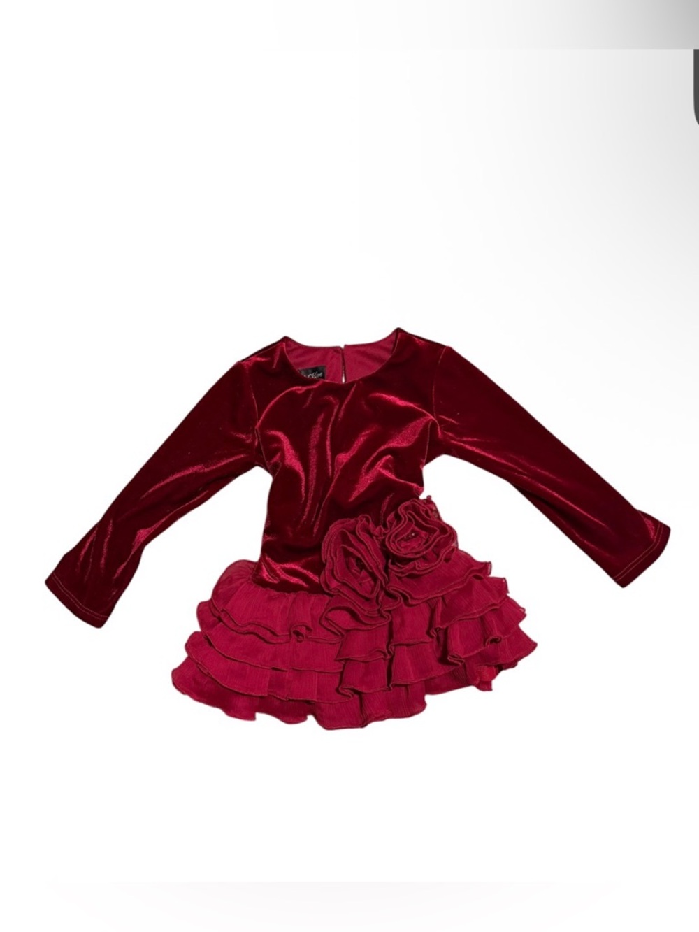 Isobella & Chloe Girls Red Velvet Ruffle Dress with Floral Accent